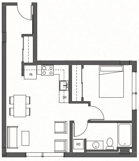 Floor plan for 1 bed, 1 bath, 597 sqft